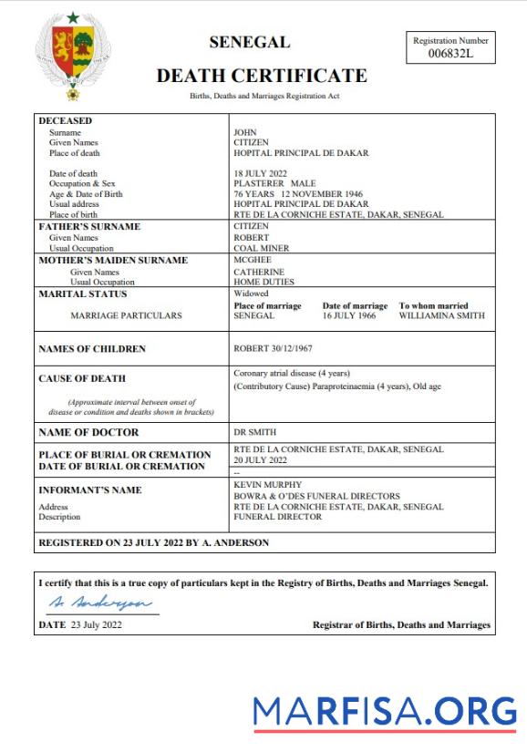 Printable Senegal vital record death certificate Word and PDF template